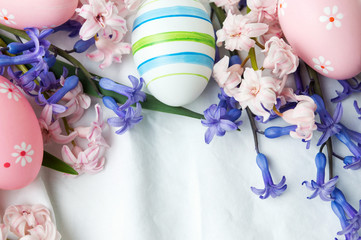 Painted Easter eggs and hyacinth flowers