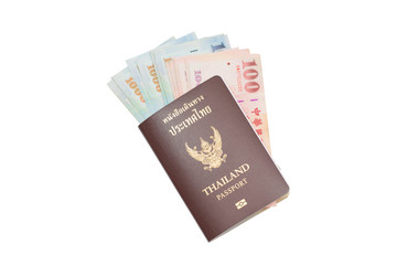 Thai passport with Taiwan Dollars isolated on white background.