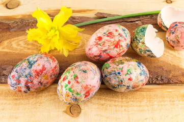 Hand painted Easter eggs and narcissus flower