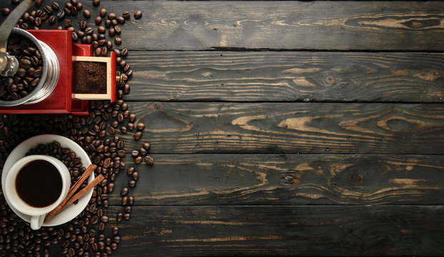 Coffee Grinder Cup Black Wood Background Topview