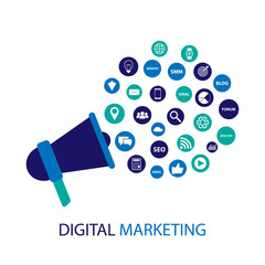Digital marketing illustration with megaphone. Flat design