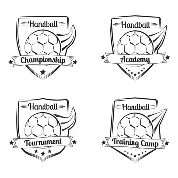 Set Of Handball Vector Hand Drawn Emblems. Sport Logo Design.