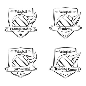 Set of volleyball vector hand drawn emblems. Sport logo design.