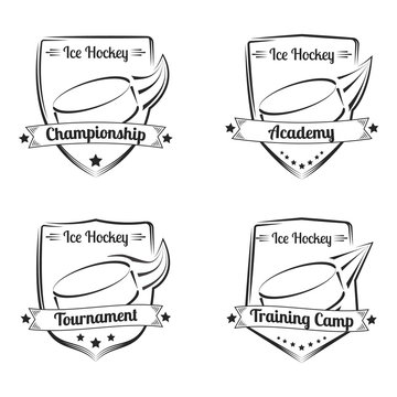 Set of ice hockey vector hand drawn emblems. Sport logo design.