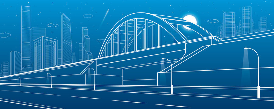 Railway bridge, empty highway. Urban infrastructure, modern city on background, industrial architecture, towers and skyscrapers. White lines illustration, night scene, vector design art 