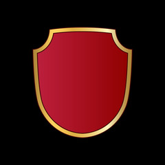 Gold and red shield shape icon. Logo emblem metallic sign isolated on black background. Shape shield symbol of security, protection or armor, safe. Shiny element design Vector illustration