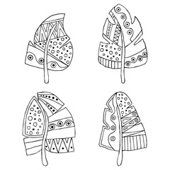 Set of vector hand drawn decorative stylized black and white childish feather. Doodle style, graphic illustration. Ornamental cute line drawing. Series of doodle, cartoon, sketch illustrations.