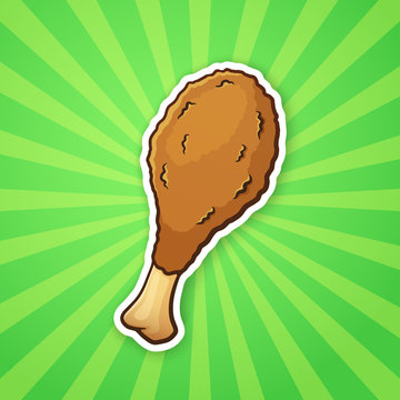 Vector illustration. Deep-fried chicken leg. Unhealthy and fast food. Sticker in cartoon style with contour. Decoration for greeting cards, patches, prints for clothes, badges, posters, menus