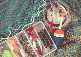 Storage box with accessories for fishing.