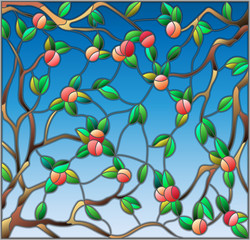 Naklejki  Illustration in the style of a stained glass window with the branches of Apple trees , the fruit branches and leaves against the sky