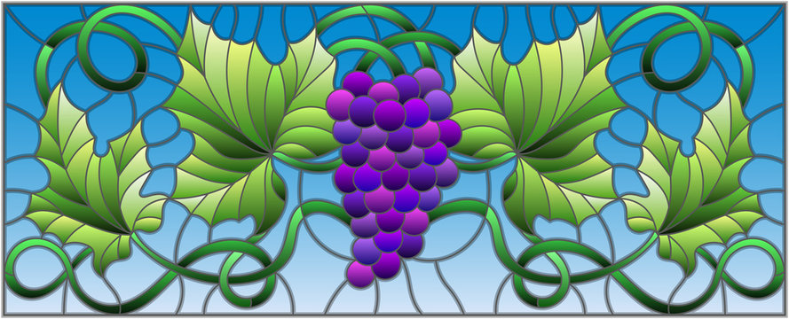 The illustration in stained glass style painting with a bunch of red grapes and leaves on sky background,horizontal orientation