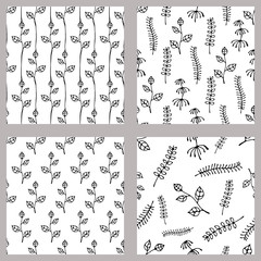 Set of seamless vector hand drawn floral patterns. Endless backgrounds with leaves. Graphic illustration. Series of hand drawn seamless vector patterns