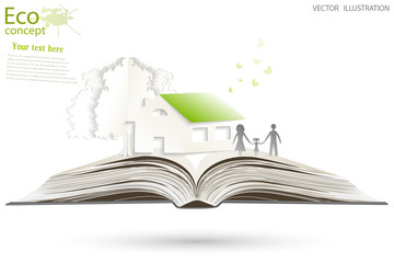 House and tree on open book.