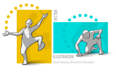 Sketch men hand drawn silhouettes in pop-art style. Dancing