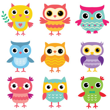 Isolated cute cartoon owls set