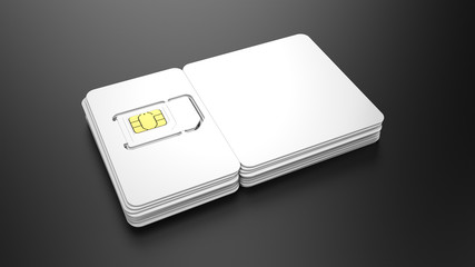 Stack of SIM cards with blank plastic cards for your design. 3d render