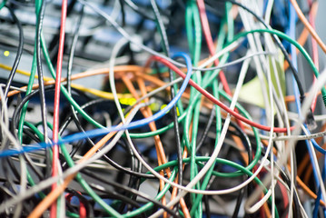 Wires in a server room. Cables for computers