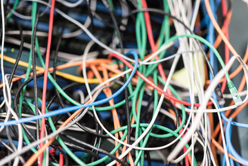 Wires in a server room. Cables for computers