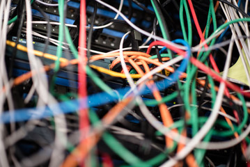 Wires in a server room. Cables for computers