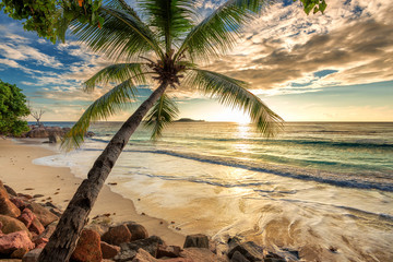 Beautiful Sunset at tropical beach in Seychelles. 