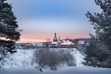 Winter sunrise in forest and river near the russian orthodox church, fantastic winter nature landscape, wallpaper