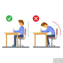 Vector - Correct body alignment in sitting working writing drawing Flat illustration