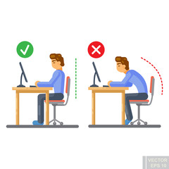 Vector - Correct body alignment in sitting working with computer Flat illustration