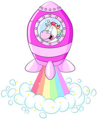 Niedliches Einhorn in Regenbogen-Rakete Vektor Illustration © Christine Wulf