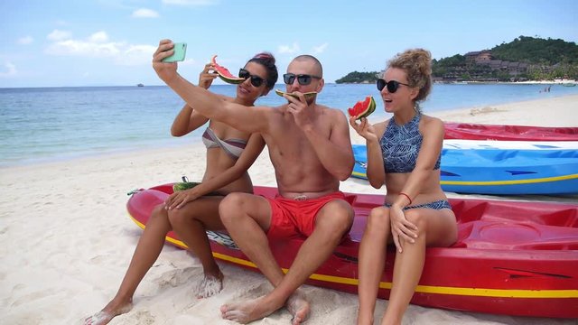 Happy Friends Taking Selfie with Smartphone on Beach