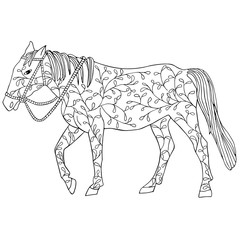 Horse in doodl black floral design isolated on white background.