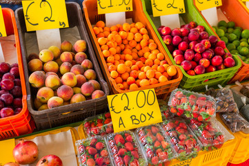 boxes of fruit and vegetables on the market, Cyprus 2016
