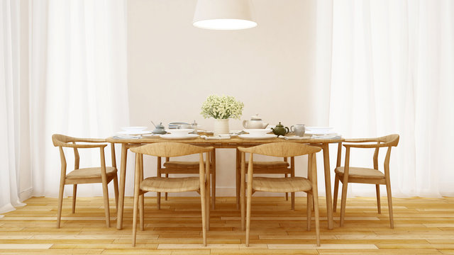 Dining room wooden style and clean design  - 3D Rendering