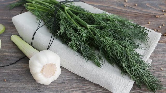 Slow pan of fresh green dill twigs, garlic bulb, coriander seeds