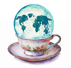 cup with globe isolated on white background. Watercolor painting