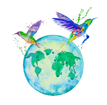 Hummingbirds fly over the globe. Watercolor illustration
