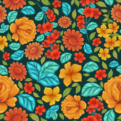 Seamless pattern with flowers in the technique of Slavic painting