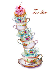 Party colorful tea cup and saucer with girl Cupcake closeup. Sketch handmade. Watercolor illustration on white background - 143688877