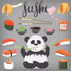 A set of Japanese dishes. Sushi, wasabi, ginger, cookies.