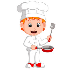 Cartoon funny chef holding frying pan