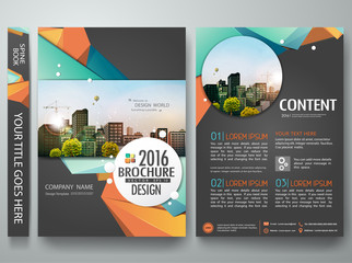 Portfolio design template vector. Minimal brochure report business flyers magazine poster. Abstract green and orange polygons on cover book presentation. City concept on A4 size layout.