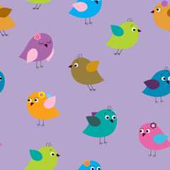 Seamless texture with cartoon birds on a lilac background