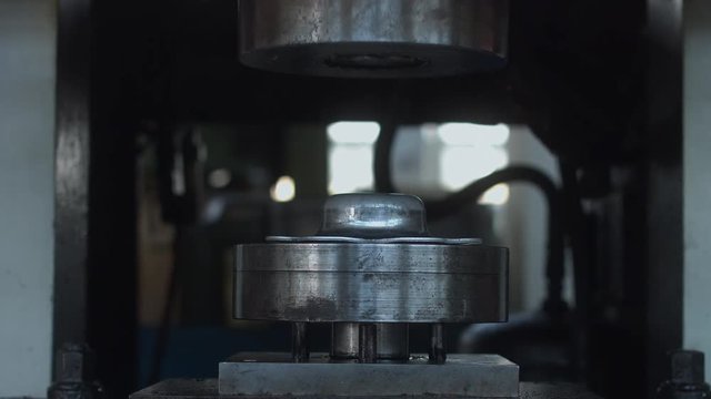 CU Automatic metal shaping press line working with steel details. 4K UHD 
