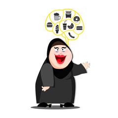 Fat muslim woman happy with think with junk food icon