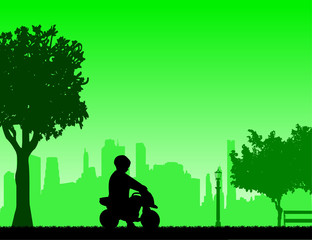 Fototapeta na wymiar Boy rides on a motorcycle toy in park, one in the series of similar images silhouette on white background.