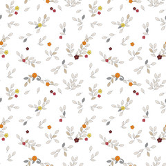 Floral seamless vector trendy pattern. Simple small red, yellow, orange flowers, grey and light beige curls and leaves with dark contour on white background. - 143692006