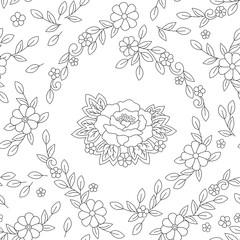 Vector floral seamless contour pattern. Big flower like peony, small simple flowers, curls and leaves on white background. Monochrome ornament can be used for adult coloring book, linen, print, cards