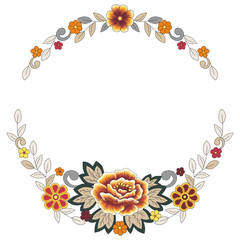 Vector floral wreath. Template for greeting card, invitation or postcard with colorful ornamental elements. Round frame with folk style flowers and leaves on white background. - 143692034