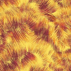Vector abstract seamless pattern. Four colors. Chaotic brush brown, red, orange, yellow mixed freehand strokes like savanna dry grass or fox-color fur on yellow background. - 143692047