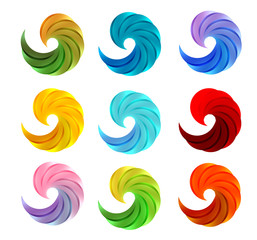 Isolated abstract colorful swirl logos set on white background vector illustration, waves logotypes collection,circular shape loading emblems