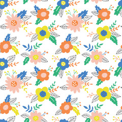 Fototapeta na wymiar Seamless pattern with hand drawn flowers and leaves. Can be used for wrapping paper, wedding invitation, wallpaper and textile design. Vector illustration
